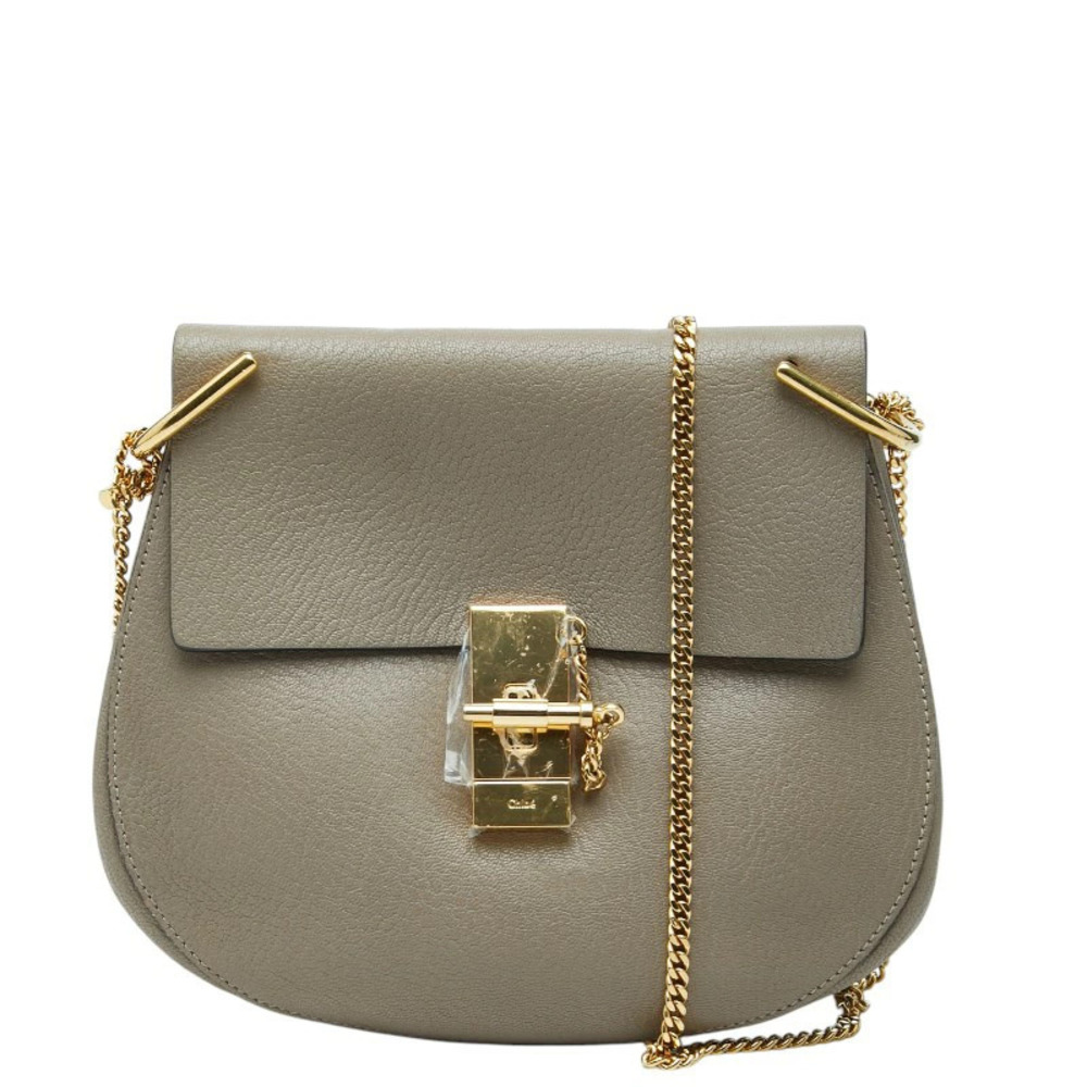 Chloe Drew Chain Shoulder Bag Greige Gray Leather